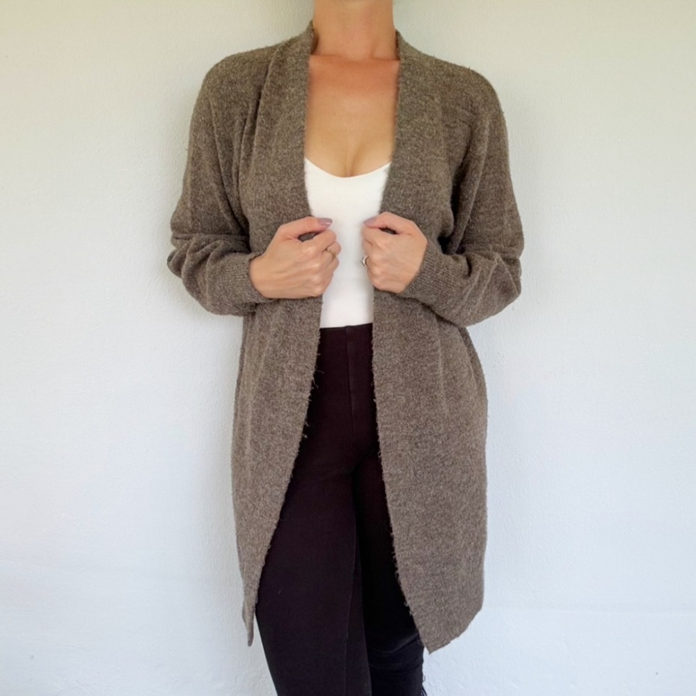 H&M gray brown soft wool open drape front long cardigan sweater size XS